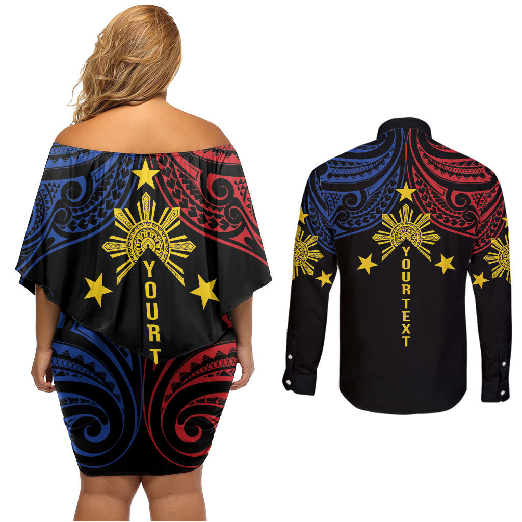 Philippines Heritage Personalized Couples Matching Off Shoulder Short Dress and Long Sleeve Button Shirt Baybayin Philipinas Sun