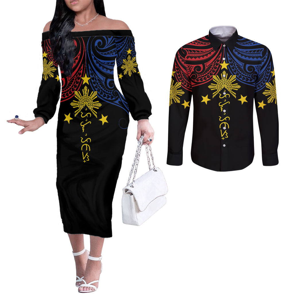 Philippines Heritage Personalized Couples Matching Off The Shoulder Long Sleeve Dress and Long Sleeve Button Shirt Baybayin Philipinas Sun LT7 Black - Polynesian Pride