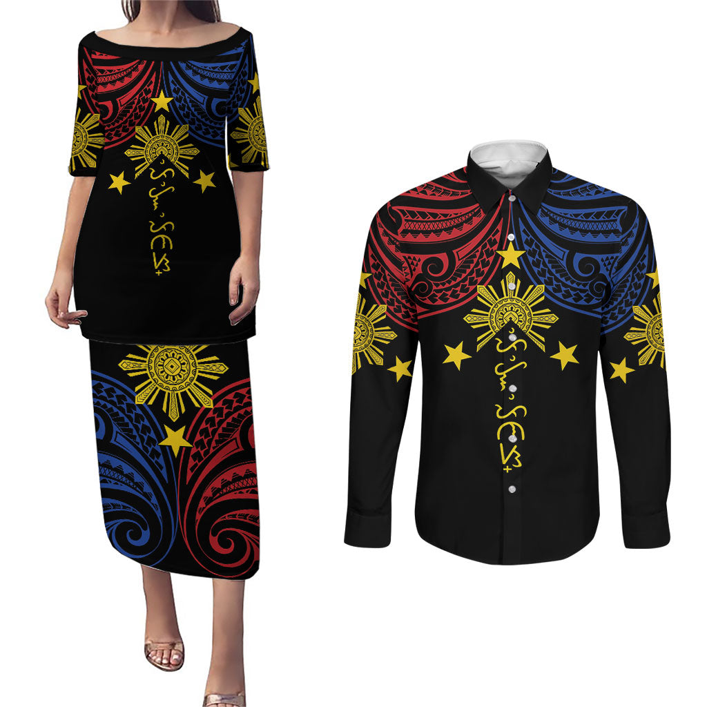 Philippines Heritage Personalized Couples Matching Puletasi and Long Sleeve Button Shirt Baybayin Philipinas Sun