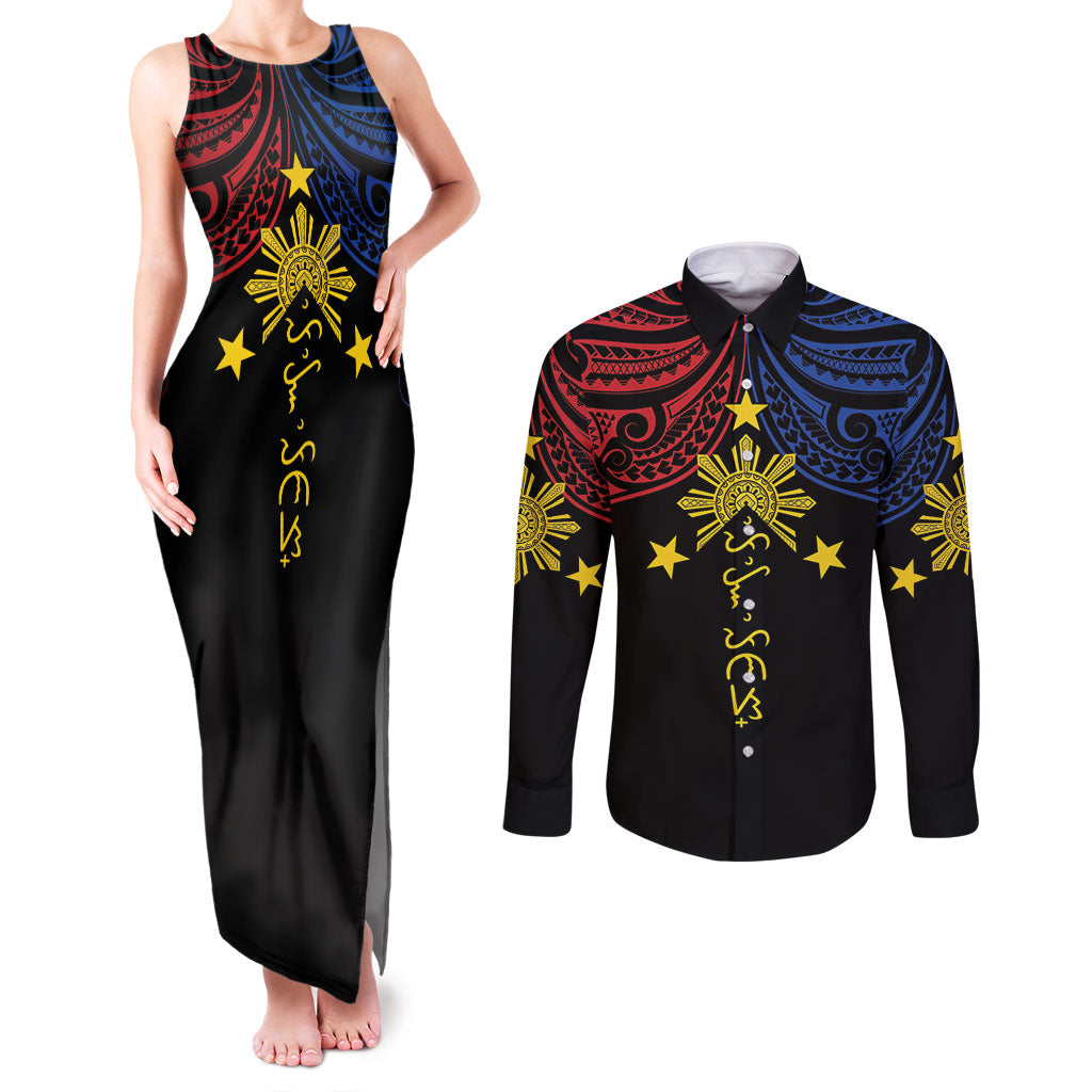 Philippines Heritage Personalized Couples Matching Tank Maxi Dress and Long Sleeve Button Shirt Baybayin Philipinas Sun