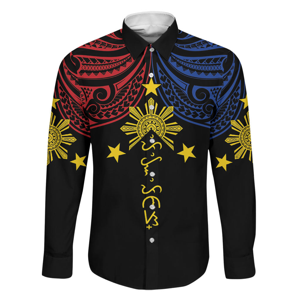 Philippines Heritage Personalized Family Matching Mermaid Dress and Hawaiian Shirt Baybayin Philipinas Sun LT7 Dad's Shirt - Long Sleeve Black - Polynesian Pride