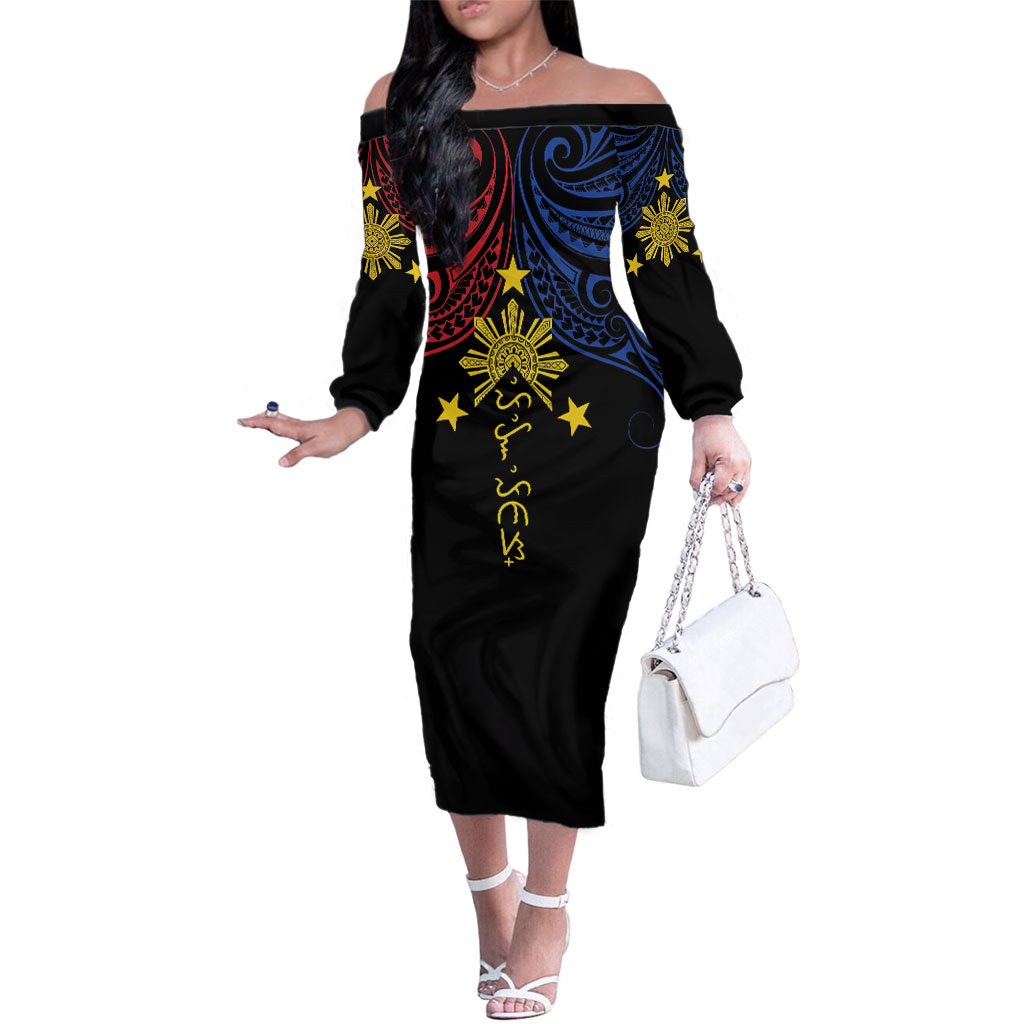 Philippines Heritage Personalized Family Matching Off The Shoulder Long Sleeve Dress and Hawaiian Shirt Baybayin Philipinas Sun