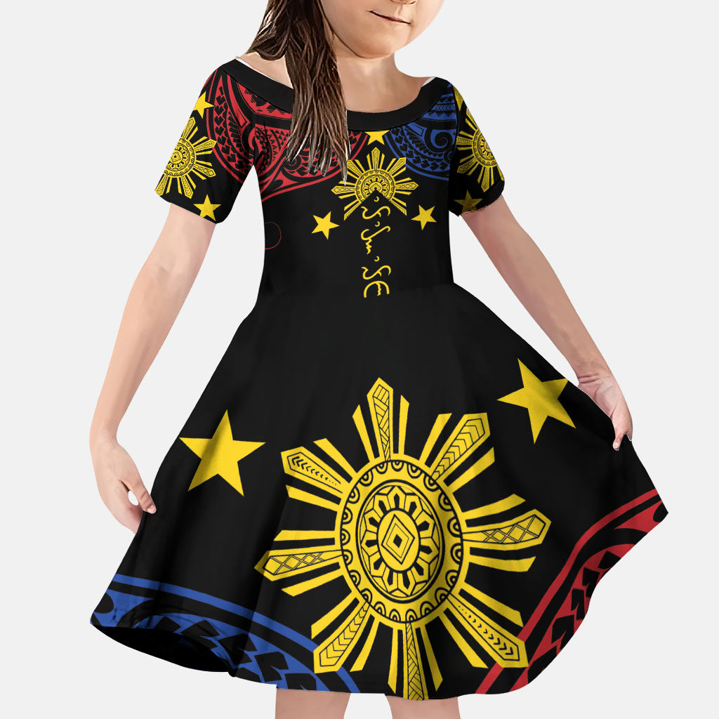 Philippines Heritage Personalized Family Matching Off Shoulder Maxi Dress and Hawaiian Shirt Baybayin Philipinas Sun LT7 Daughter's Dress Black - Polynesian Pride