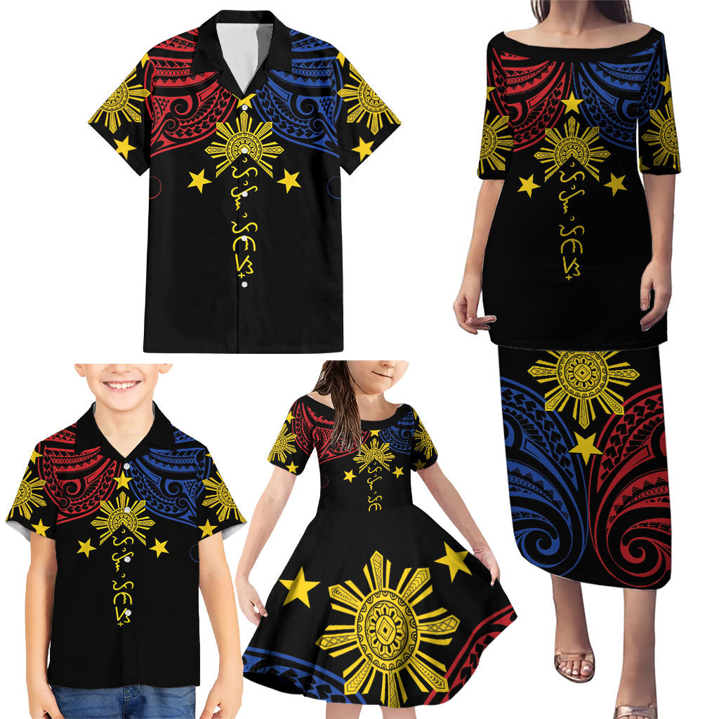 Philippines Heritage Personalized Family Matching Puletasi and Hawaiian Shirt Baybayin Philipinas Sun
