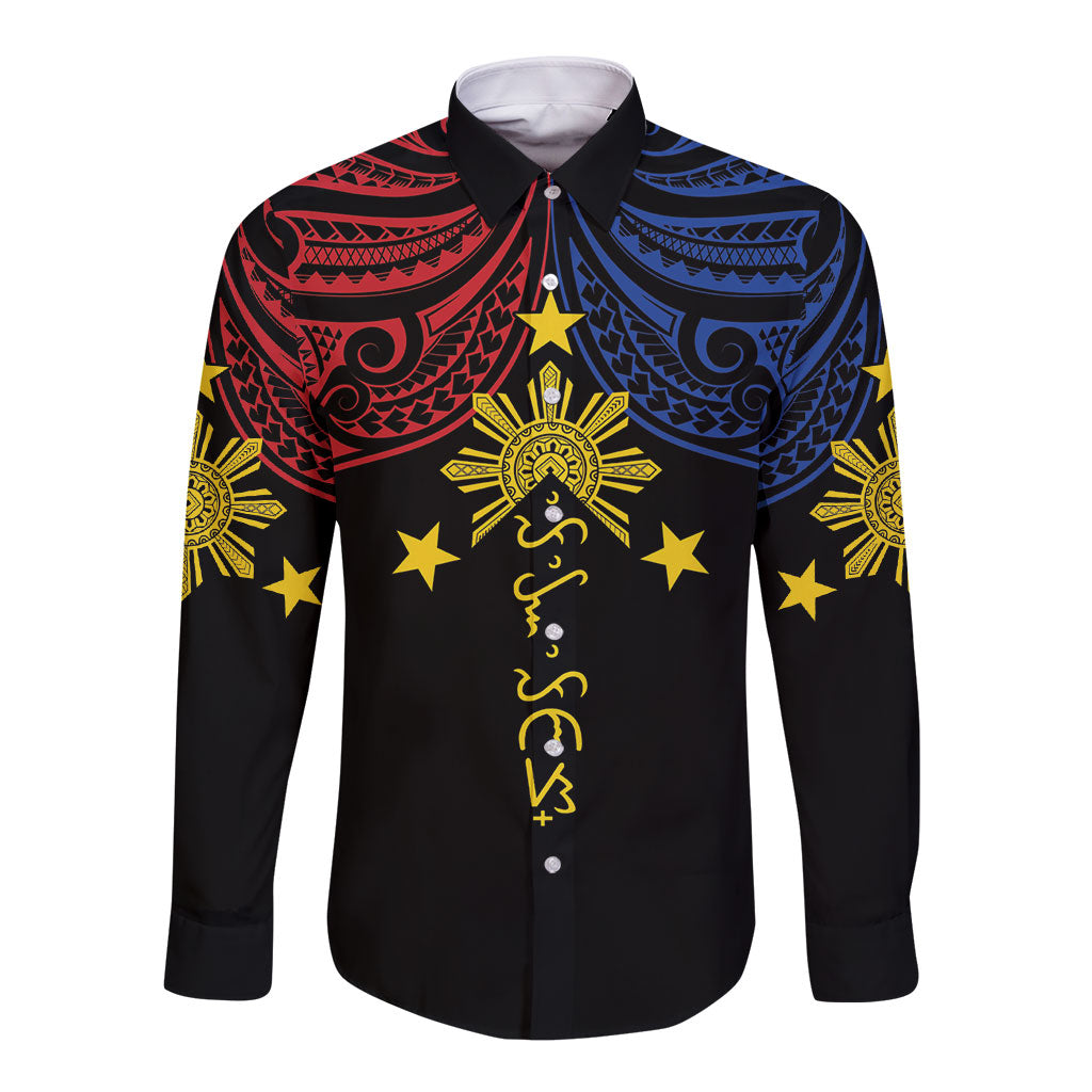 Philippines Heritage Personalized Long Sleeve Button Shirt Baybayin Philipinas Sun