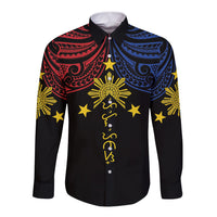 Philippines Heritage Personalized Long Sleeve Button Shirt Baybayin Philipinas Sun