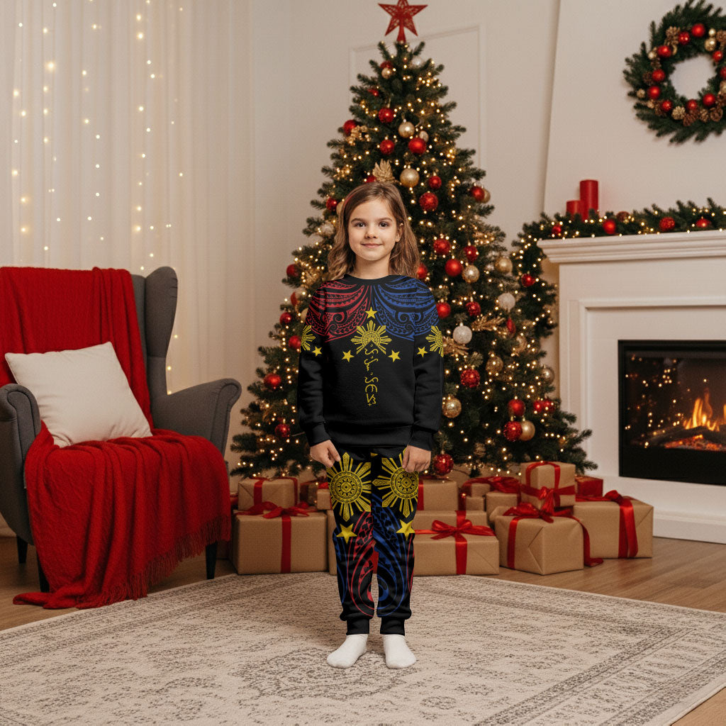 Philippines Heritage Personalized Christmas Pajama Set Baybayin Philipinas Sun LT7 Kid Black - Polynesian Pride
