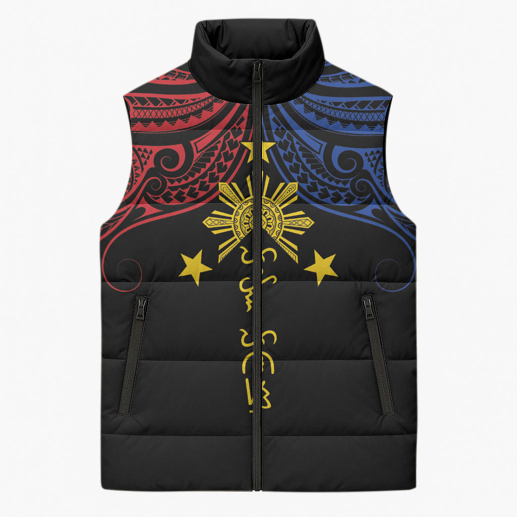 Philippines Heritage Personalized Sleeveless Puffer Jacket Baybayin Philipinas Sun