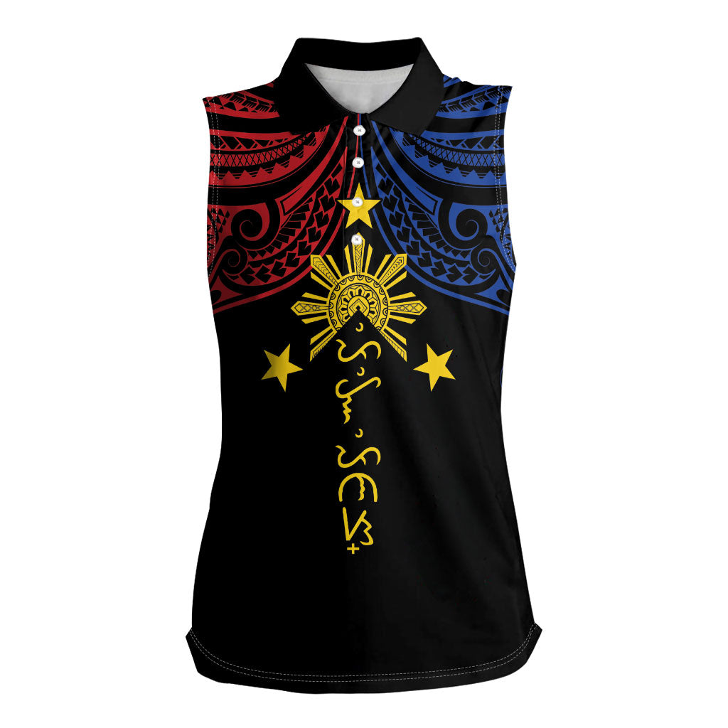 Philippines Heritage Personalized Women Sleeveless Polo Shirt Baybayin Philipinas Sun