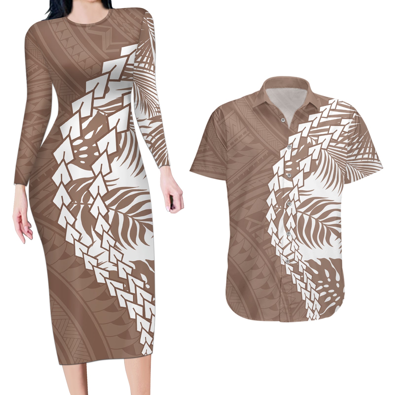 Polynesian Pride Couples Matching Long Sleeve Bodycon Dress and Hawaiian Shirt Polynesia Tribal - Tropical Brown LT7 Brown - Polynesian Pride