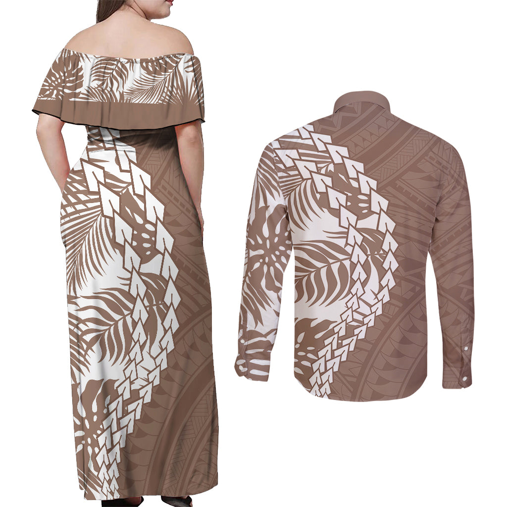 Polynesian Pride Couples Matching Off Shoulder Maxi Dress and Long Sleeve Button Shirts Polynesia Tribal - Tropical Brown LT7 - Polynesian Pride