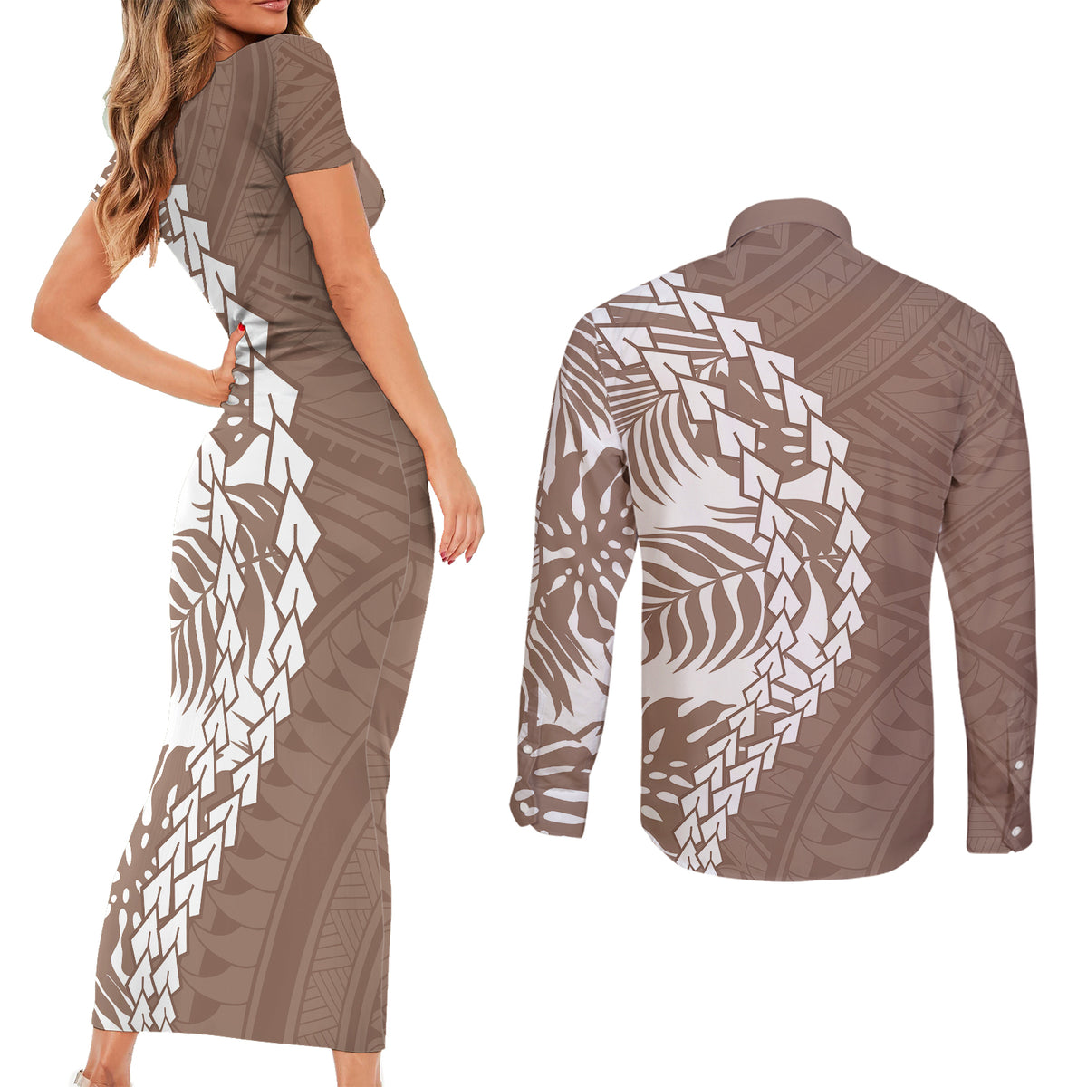 Polynesian Pride Couples Matching Short Sleeve Bodycon Dress and Long Sleeve Button Shirts Polynesia Tribal - Tropical Brown LT7 - Polynesian Pride