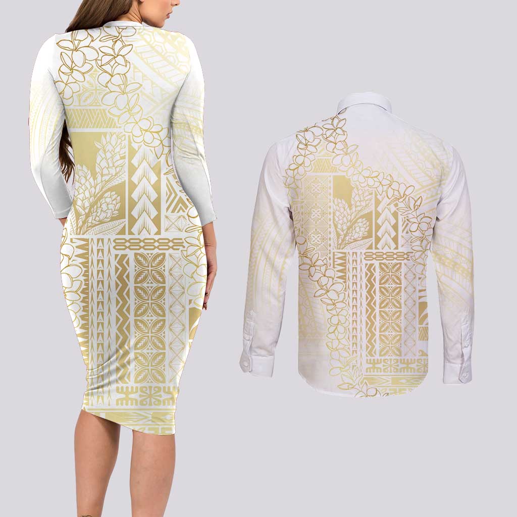 Samoa Lotu Tamaiti Mamanu Siapo Couples Matching Long Sleeve Bodycon Dress and Long Sleeve Button Shirt Golden Plumeria - Polynesian Pride