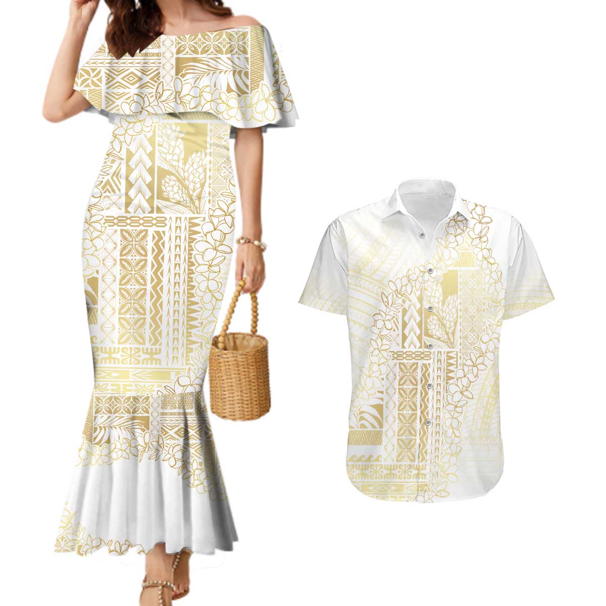 Samoa Lotu Tamaiti Mamanu Siapo Couples Matching Mermaid Dress and Hawaiian Shirt Golden Plumeria - Polynesian Pride