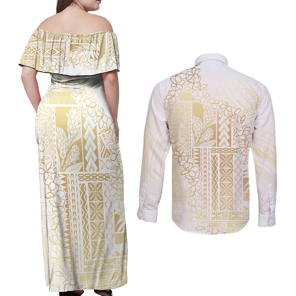 Samoa Lotu Tamaiti Mamanu Siapo Couples Matching Off Shoulder Maxi Dress and Long Sleeve Button Shirt Golden Plumeria - Polynesian Pride