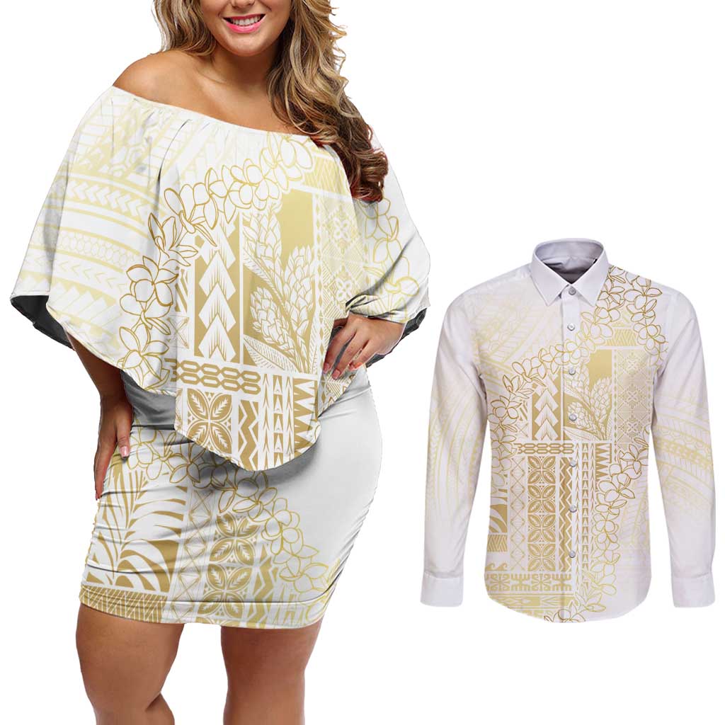 Samoa Lotu Tamaiti Mamanu Siapo Couples Matching Off Shoulder Short Dress and Long Sleeve Button Shirt Golden Plumeria - Polynesian Pride