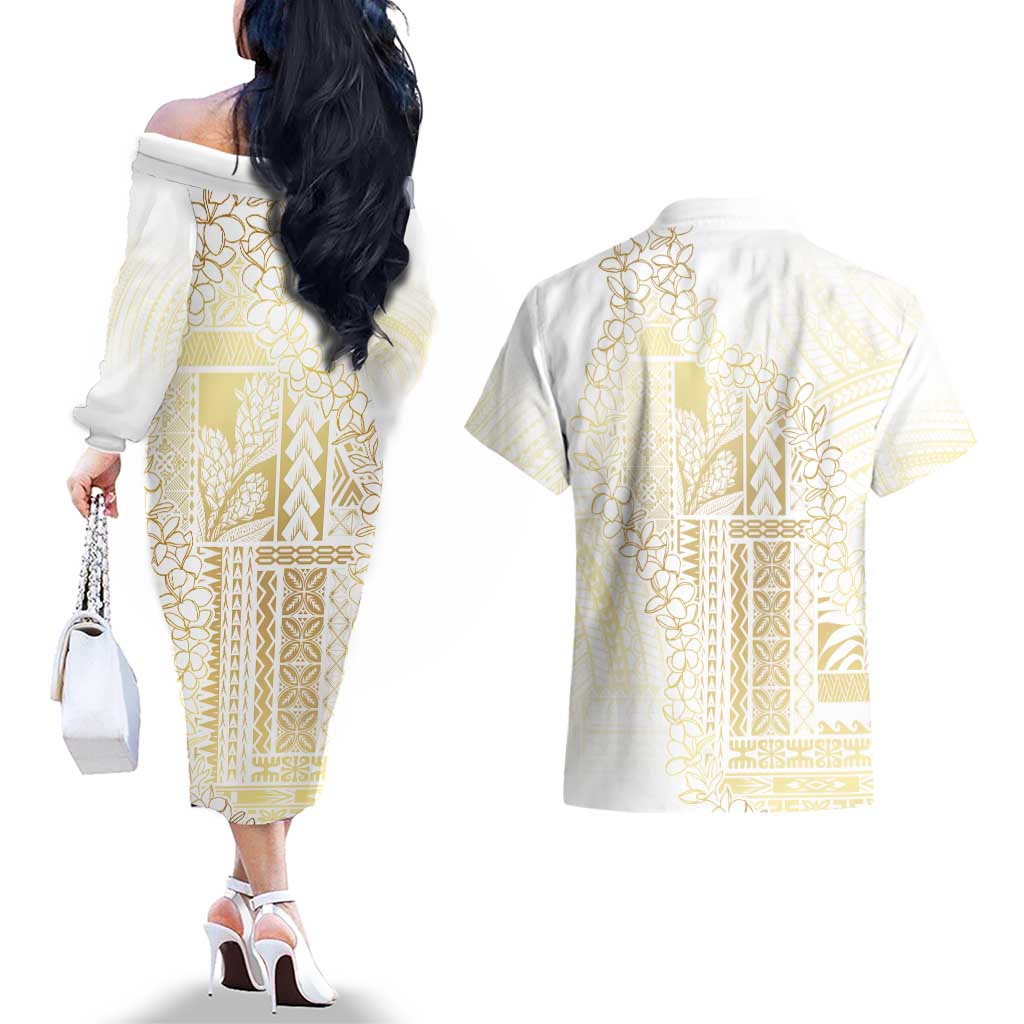Samoa Lotu Tamaiti Mamanu Siapo Couples Matching Off The Shoulder Long Sleeve Dress and Hawaiian Shirt Golden Plumeria - Polynesian Pride