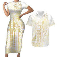 Samoa Lotu Tamaiti Mamanu Siapo Couples Matching Short Sleeve Bodycon Dress and Hawaiian Shirt Golden Plumeria - Polynesian Pride