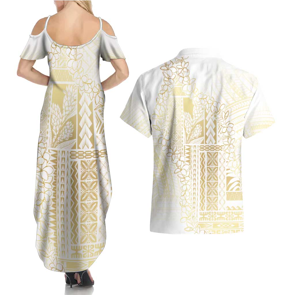 Samoa Lotu Tamaiti Mamanu Siapo Couples Matching Summer Maxi Dress and Hawaiian Shirt Golden Plumeria - Polynesian Pride