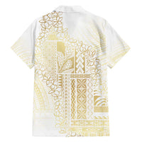 Samoa Lotu Tamaiti Mamanu Siapo Family Matching Off Shoulder Short Dress and Hawaiian Shirt Golden Plumeria - Polynesian Pride