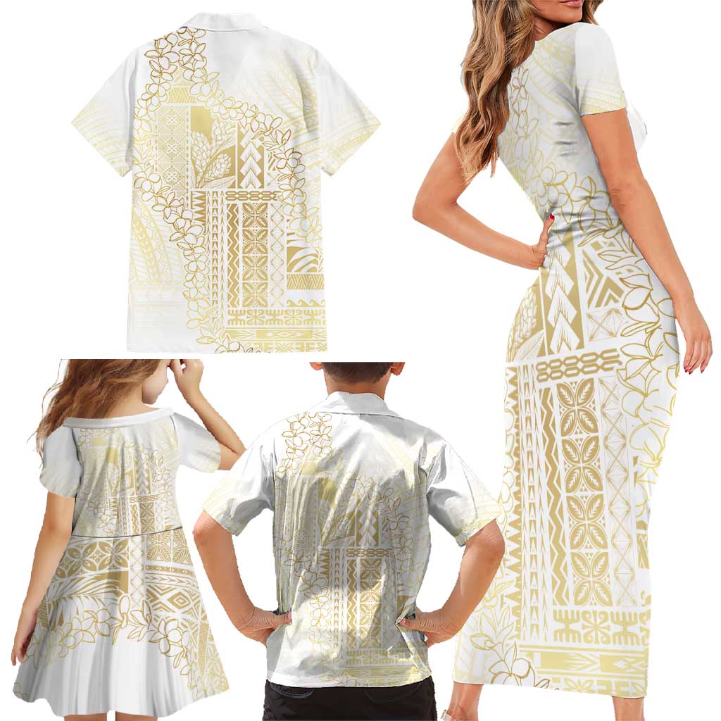 Samoa Lotu Tamaiti Mamanu Siapo Family Matching Short Sleeve Bodycon Dress and Hawaiian Shirt Golden Plumeria - Polynesian Pride