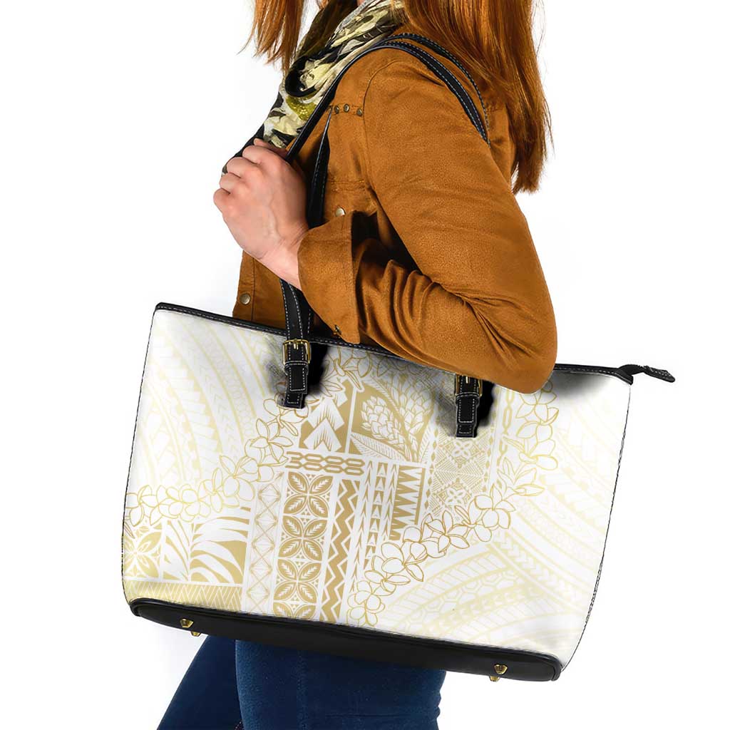 Samoa Lotu Tamaiti Mamanu Siapo Leather Tote Bag Golden Plumeria - Polynesian Pride