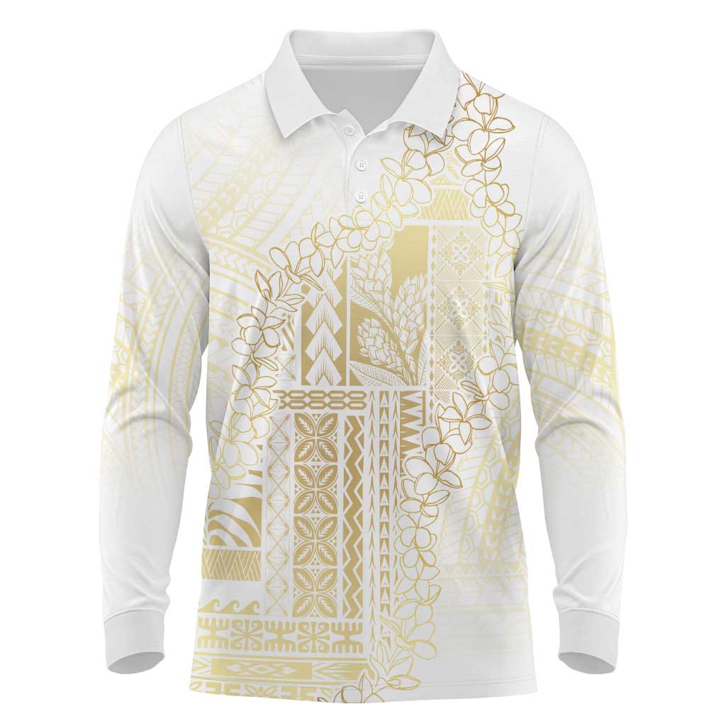 Samoa Lotu Tamaiti Mamanu Siapo Long Sleeve Polo Shirt Golden Plumeria - Polynesian Pride