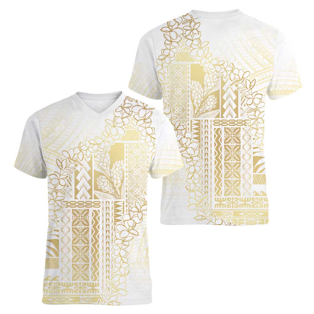Samoa Lotu Tamaiti Mamanu Siapo Women V-Neck T-Shirt Golden Plumeria - Polynesian Pride