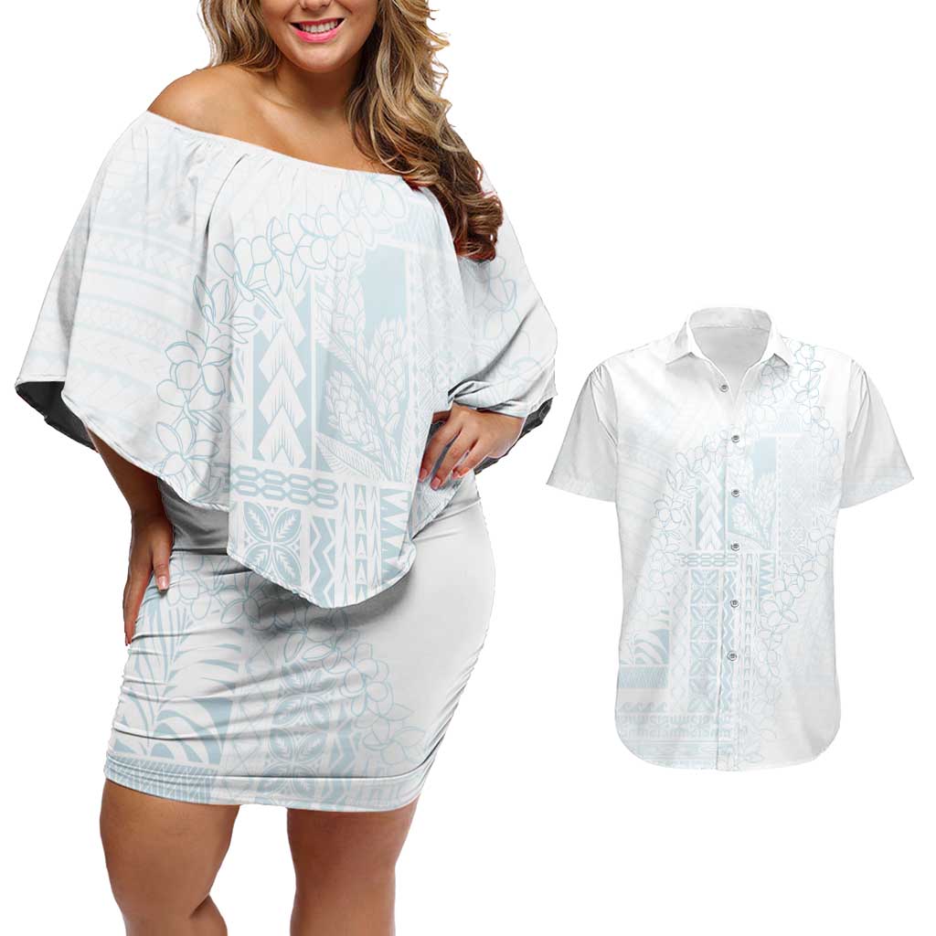 Samoa Lotu Tamaiti Mamanu Siapo Couples Matching Off Shoulder Short Dress and Hawaiian Shirt Off White Plumeria - Polynesian Pride