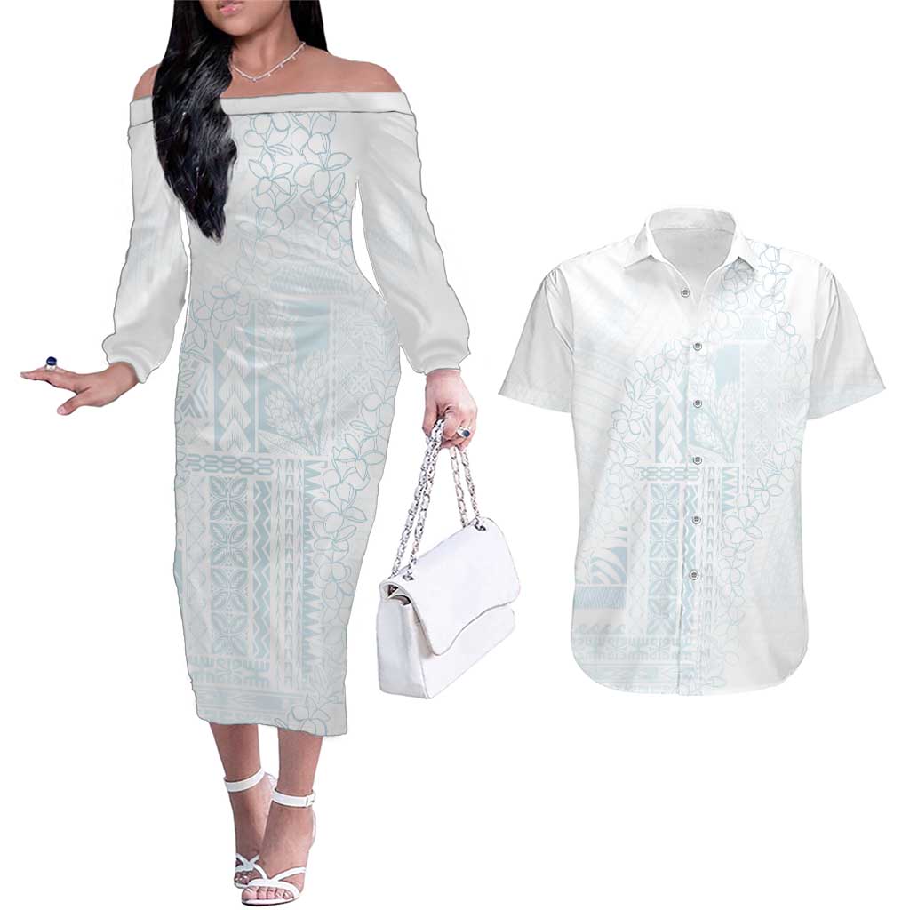Samoa Lotu Tamaiti Mamanu Siapo Couples Matching Off The Shoulder Long Sleeve Dress and Hawaiian Shirt Off White Plumeria - Polynesian Pride