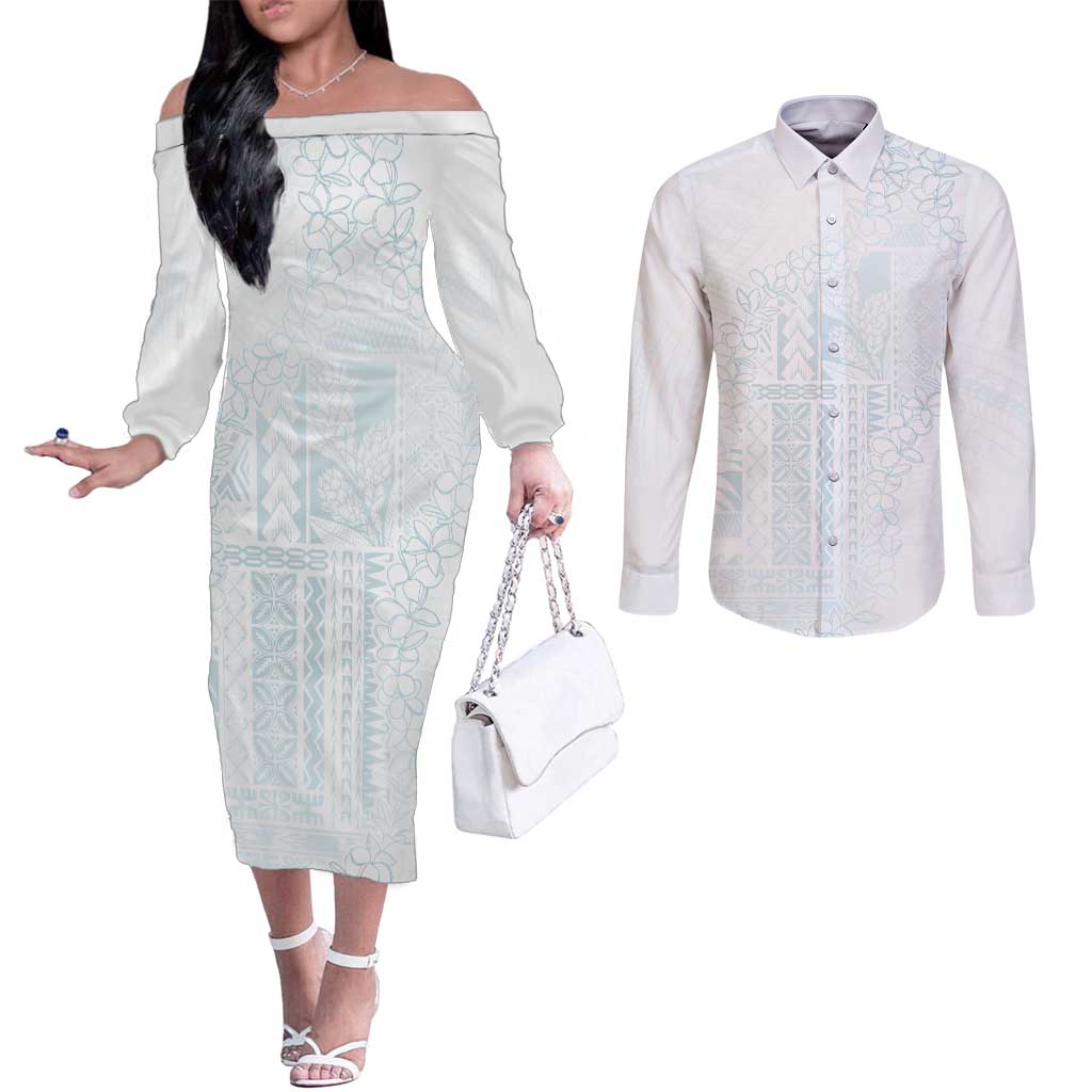 Samoa Lotu Tamaiti Mamanu Siapo Couples Matching Off The Shoulder Long Sleeve Dress and Long Sleeve Button Shirt Off White Plumeria - Polynesian Pride
