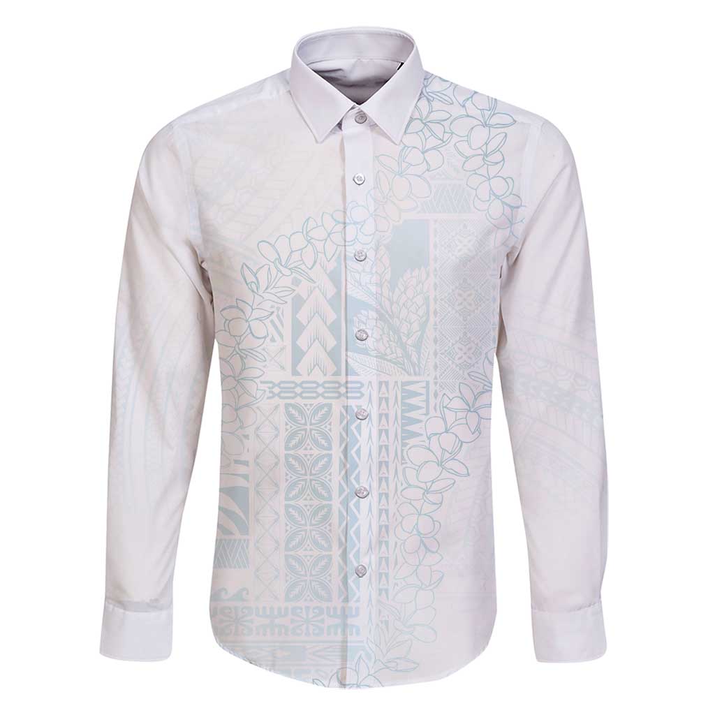 Samoa Lotu Tamaiti Mamanu Siapo Family Matching Long Sleeve Bodycon Dress and Hawaiian Shirt Off White Plumeria - Polynesian Pride