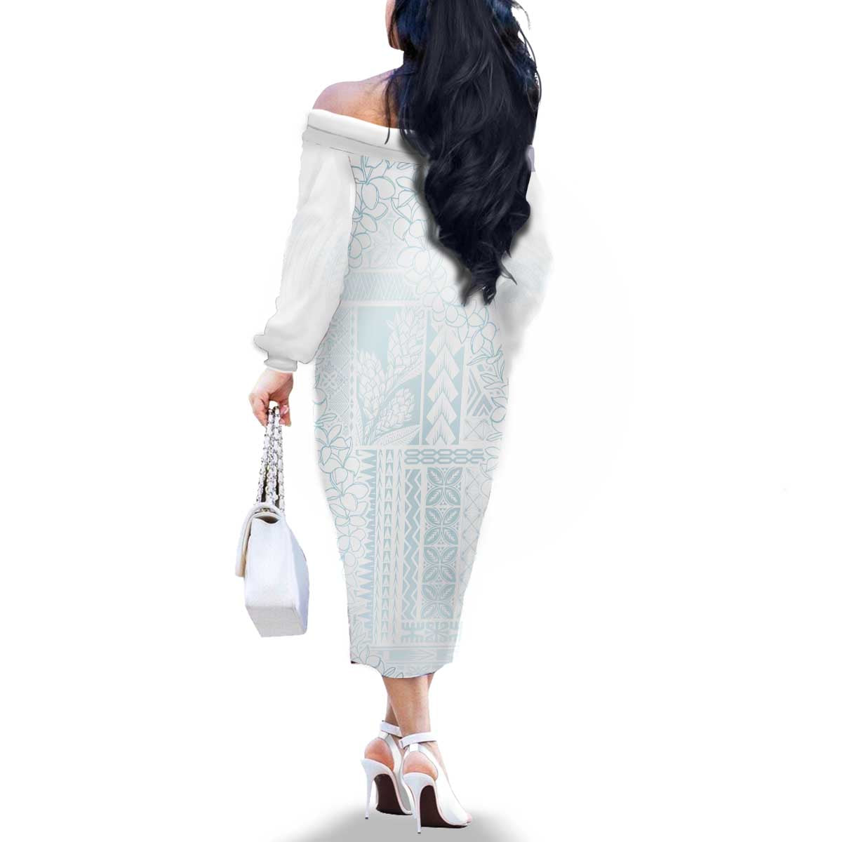 Samoa Lotu Tamaiti Mamanu Siapo Family Matching Off The Shoulder Long Sleeve Dress and Hawaiian Shirt Off White Plumeria - Polynesian Pride