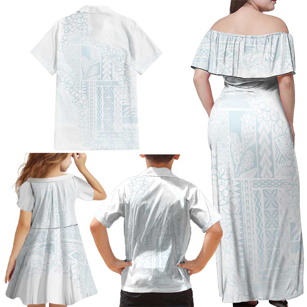 Samoa Lotu Tamaiti Mamanu Siapo Family Matching Off Shoulder Maxi Dress and Hawaiian Shirt Off White Plumeria - Polynesian Pride