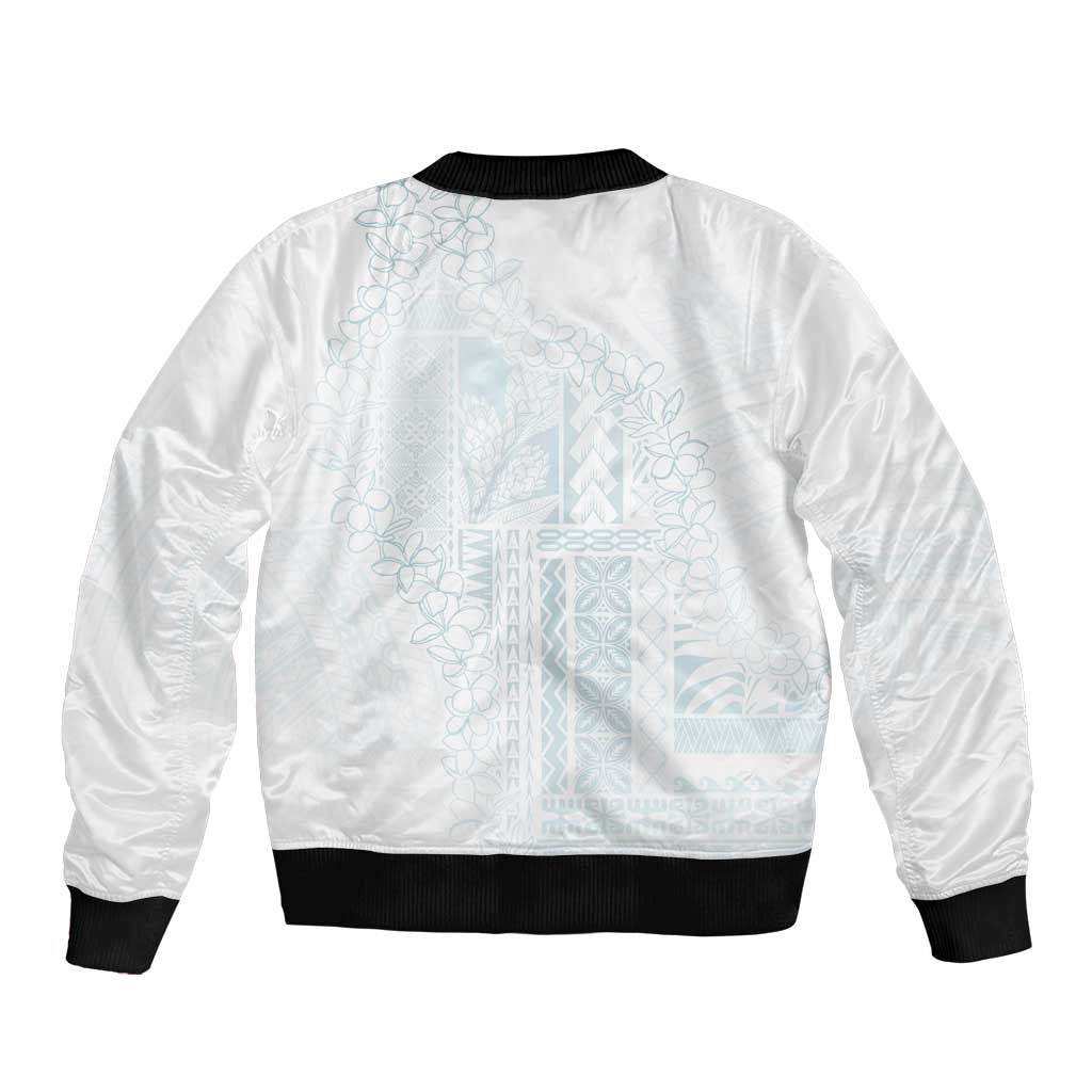 Samoa Lotu Tamaiti Mamanu Siapo Sleeve Zip Bomber Jacket Off White Plumeria - Polynesian Pride
