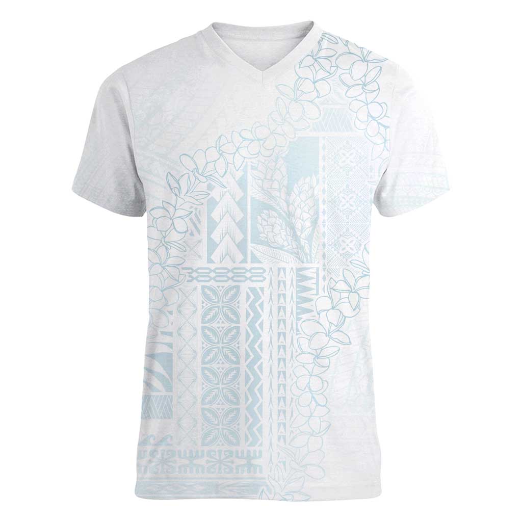 Samoa Lotu Tamaiti Mamanu Siapo Women V-Neck T-Shirt Off White Plumeria - Polynesian Pride