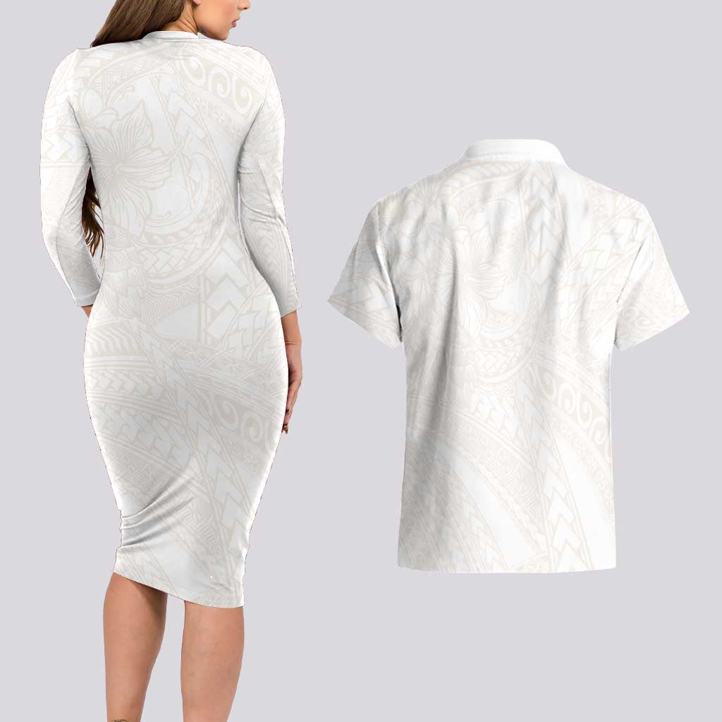 Samoa Lotu Tamaiti Ivory Couples Matching Long Sleeve Bodycon Dress and Hawaiian Shirt Teuila Tatau - Polynesian Pride