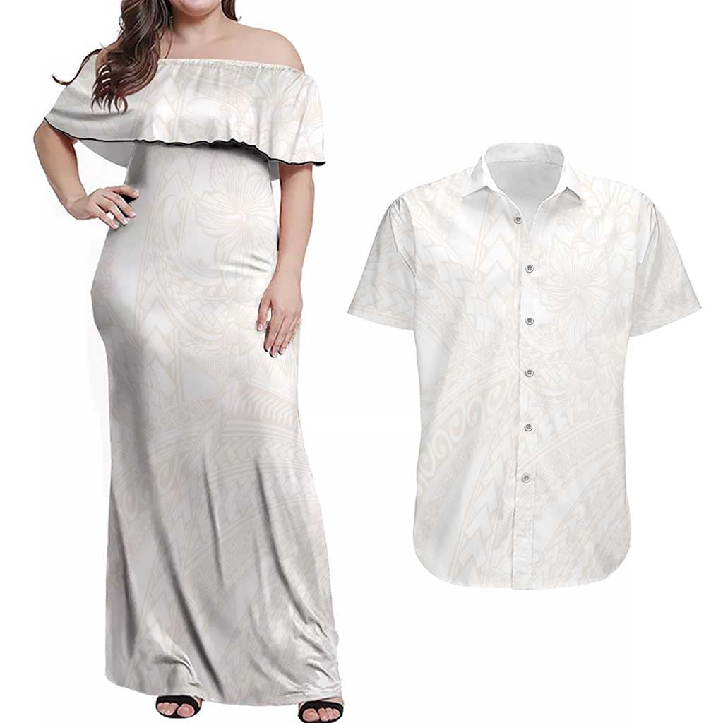 Samoa Lotu Tamaiti Ivory Couples Matching Off Shoulder Maxi Dress and Hawaiian Shirt Teuila Tatau - Polynesian Pride
