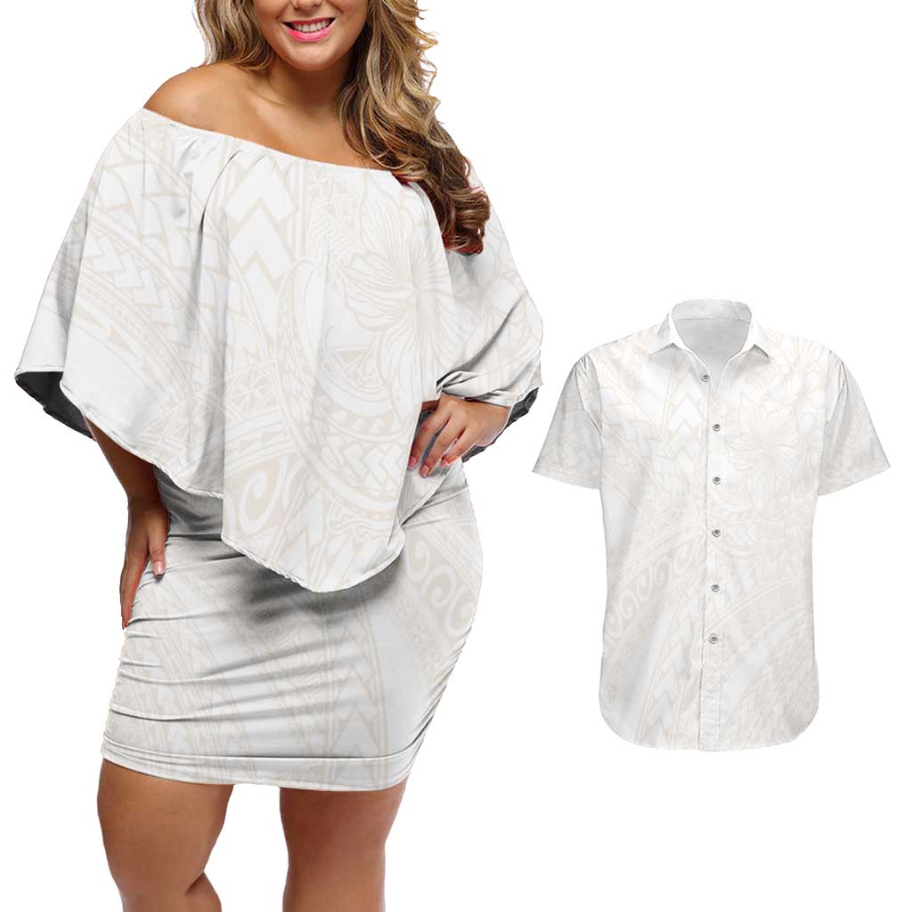 Samoa Lotu Tamaiti Ivory Couples Matching Off Shoulder Short Dress and Hawaiian Shirt Teuila Tatau - Polynesian Pride