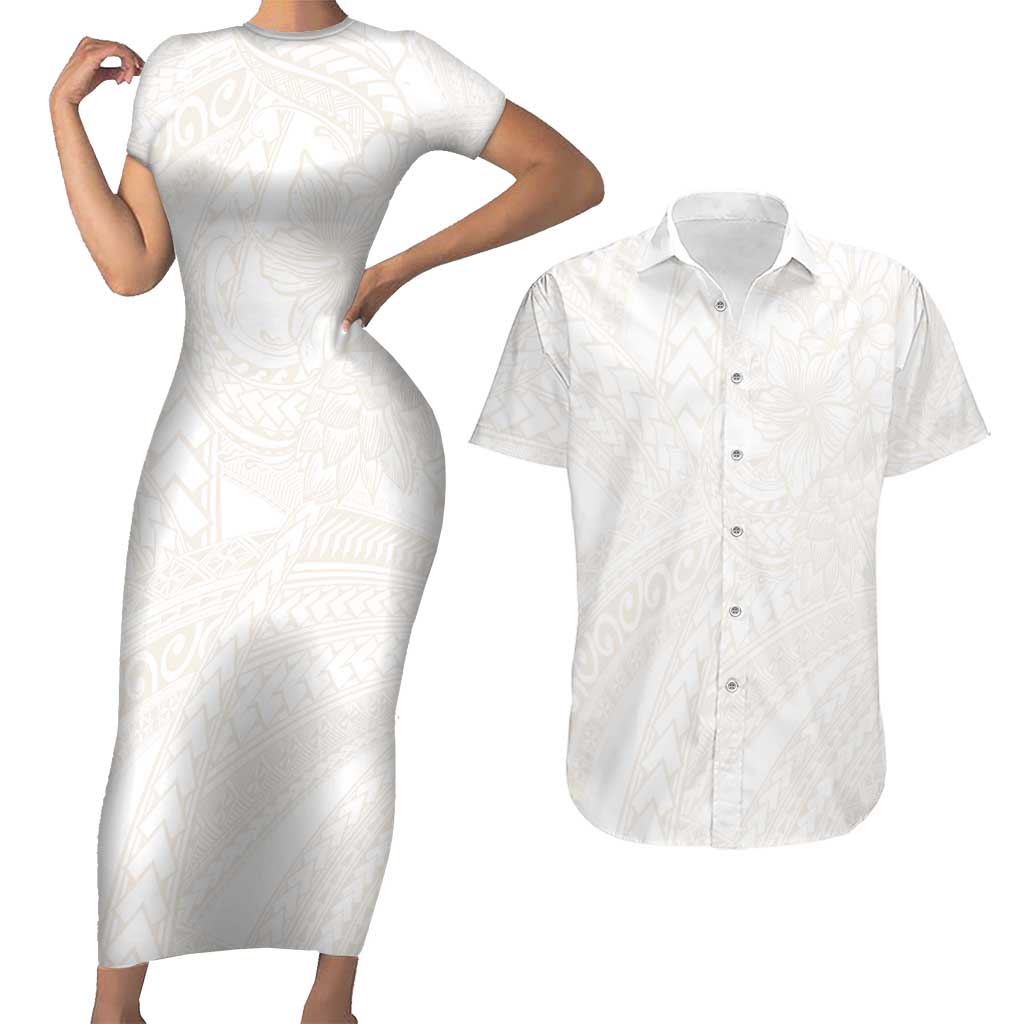 Samoa Lotu Tamaiti Ivory Couples Matching Short Sleeve Bodycon Dress and Hawaiian Shirt Teuila Tatau - Polynesian Pride