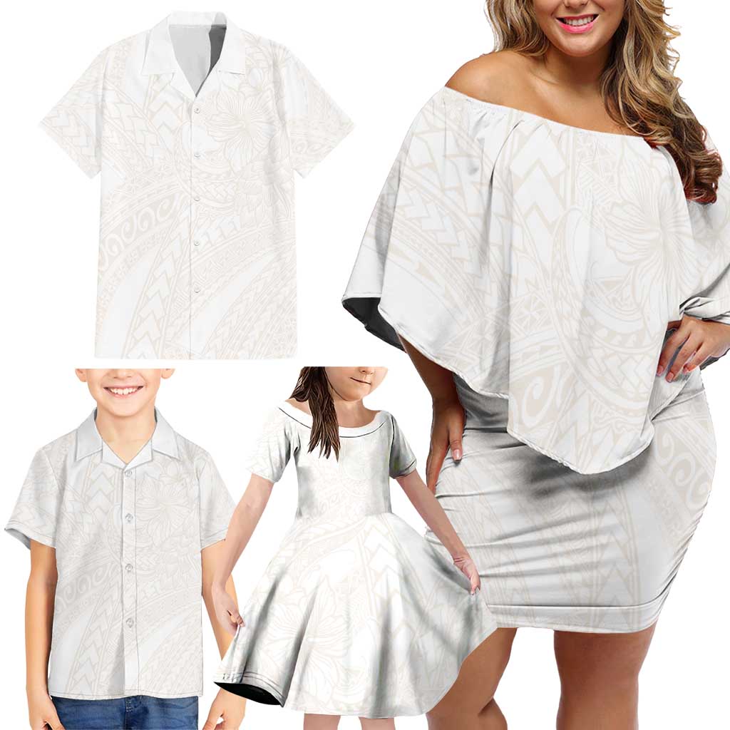Samoa Lotu Tamaiti Ivory Family Matching Off Shoulder Short Dress and Hawaiian Shirt Teuila Tatau - Polynesian Pride