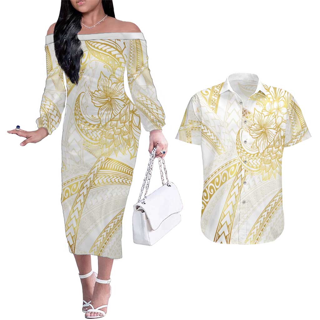 Samoa Lotu Tamaiti Gold Couples Matching Off The Shoulder Long Sleeve Dress and Hawaiian Shirt Teuila Tatau - Polynesian Pride