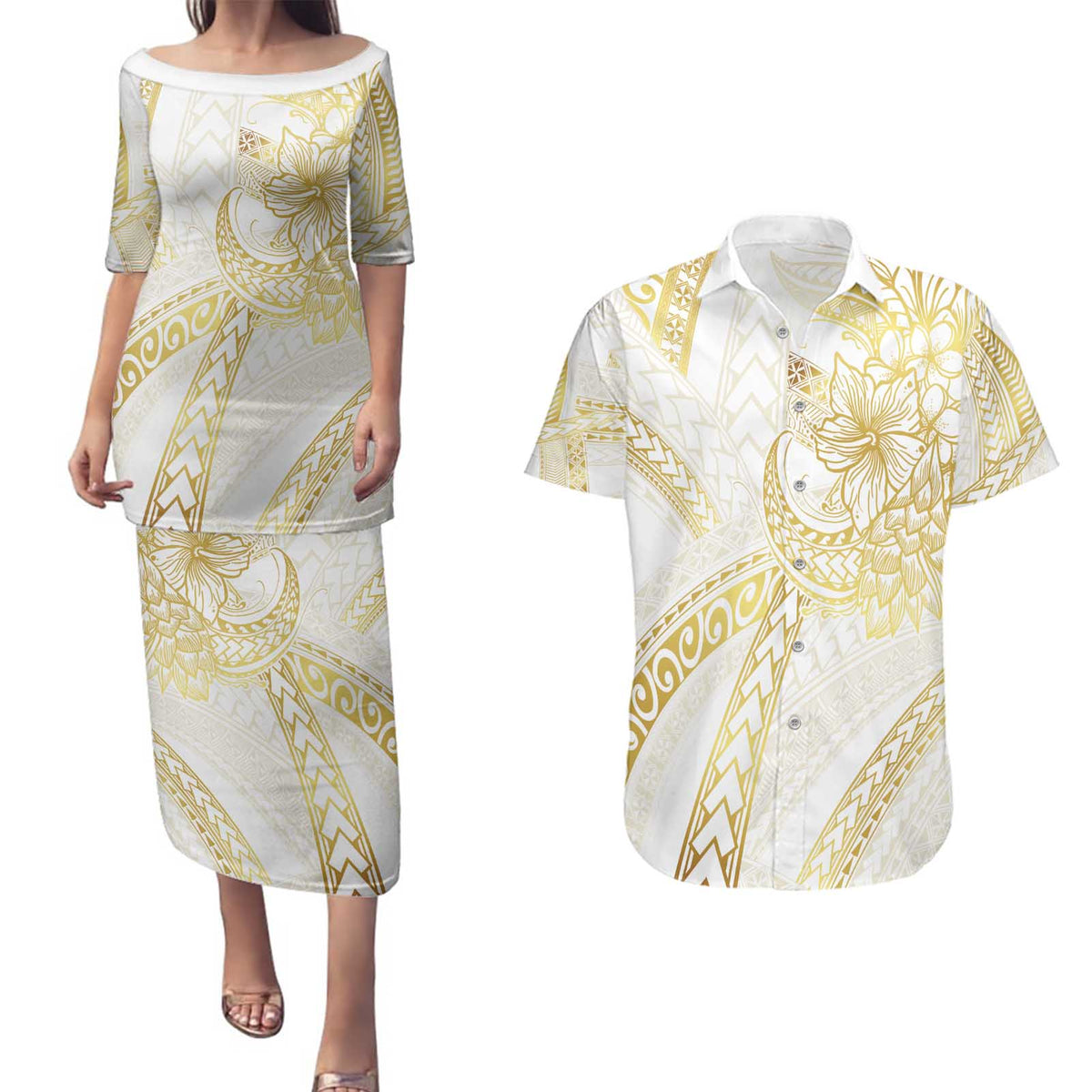 Samoa Lotu Tamaiti Gold Couples Matching Puletasi and Hawaiian Shirt Teuila Tatau - Polynesian Pride
