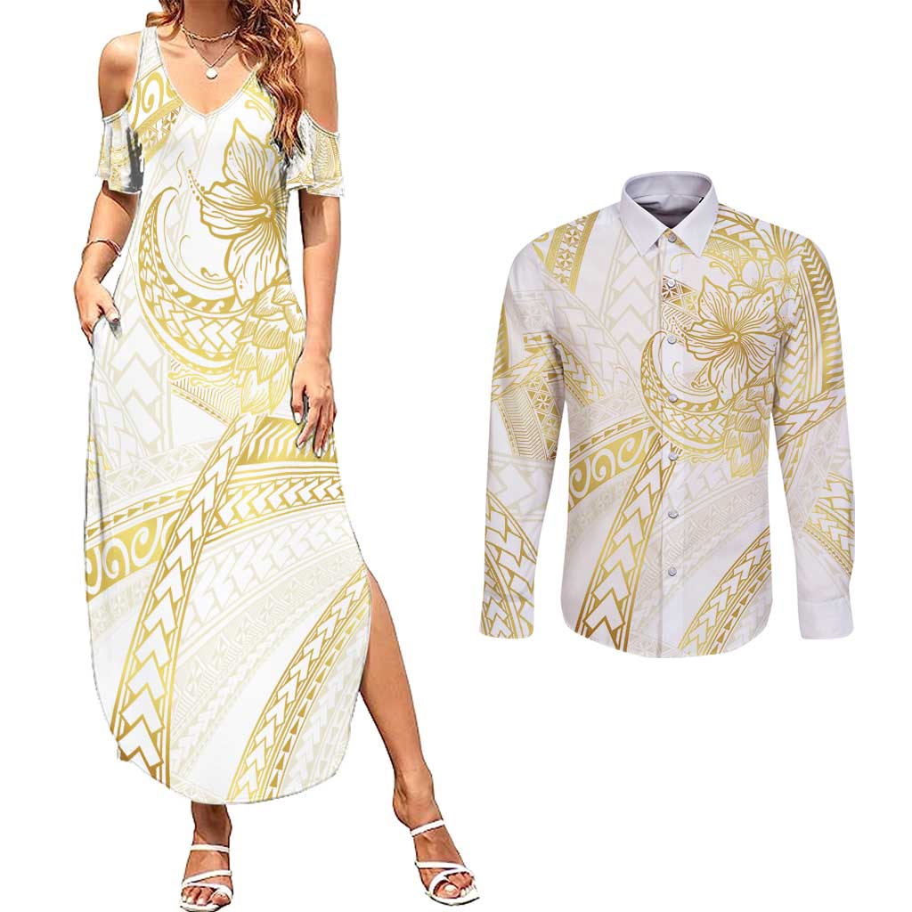 Samoa Lotu Tamaiti Gold Couples Matching Summer Maxi Dress and Long Sleeve Button Shirt Teuila Tatau - Polynesian Pride