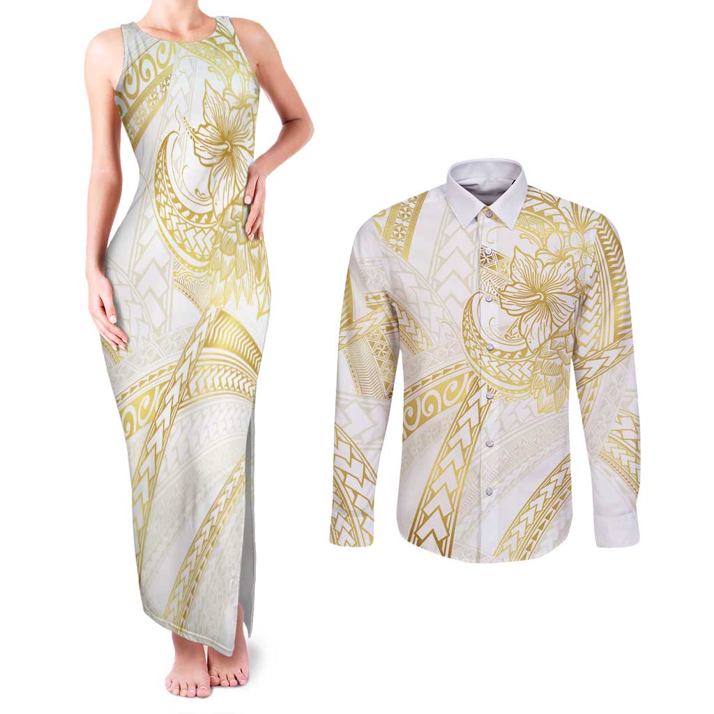 Samoa Lotu Tamaiti Gold Couples Matching Tank Maxi Dress and Long Sleeve Button Shirt Teuila Tatau - Polynesian Pride