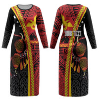 Papua New Guinea Independence Personalised Couples Matching Long Sleeve Bodycon Dress and Hawaiian Shirt PNG Bagi and Lime Pot LT7 - Polynesian Pride