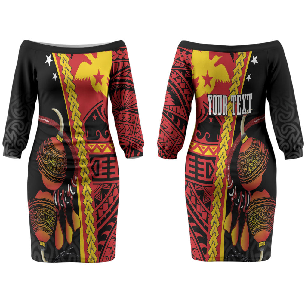 Papua New Guinea Independence Personalised Couples Matching Off The Shoulder Long Sleeve Dress and Long Sleeve Button Shirt PNG Bagi and Lime Pot LT7 - Polynesian Pride