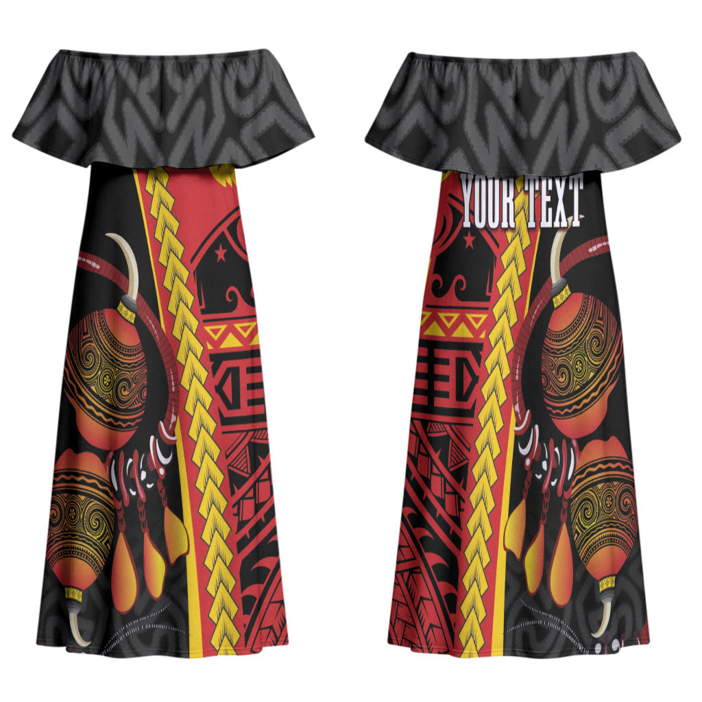Papua New Guinea Independence Personalised Family Matching Off Shoulder Maxi Dress and Hawaiian Shirt PNG Bagi and Lime Pot LT7 Mom's Dress Black - Polynesian Pride