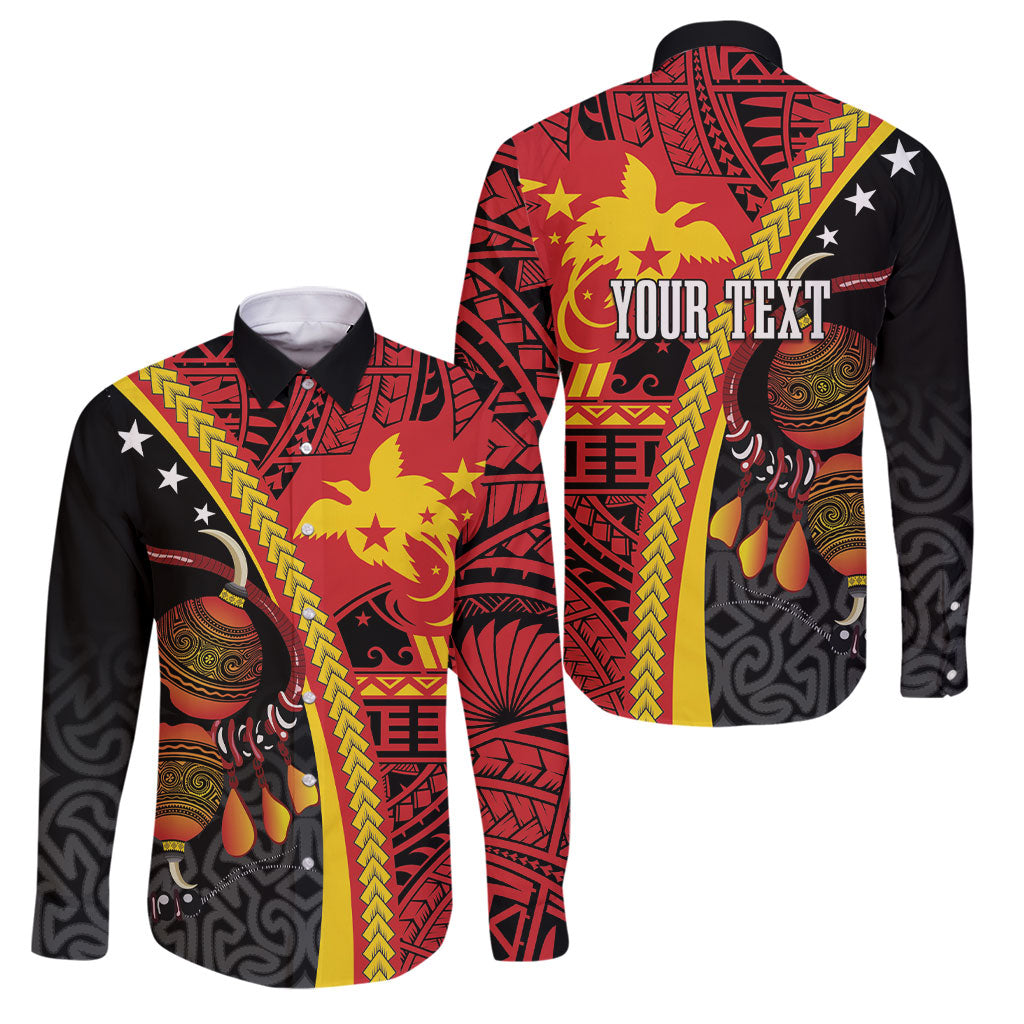 Papua New Guinea Independence Personalised Family Matching Off Shoulder Maxi Dress and Hawaiian Shirt PNG Bagi and Lime Pot LT7 Dad's Shirt - Long Sleeve Black - Polynesian Pride