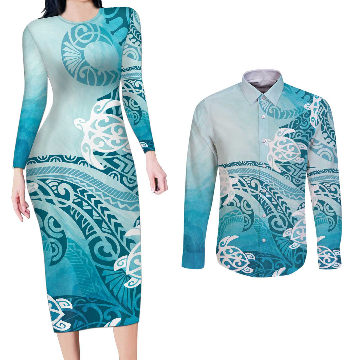 Polynesia Turtle Couples Matching Long Sleeve Bodycon Dress and Long Sleeve Button Shirt Watercolor Abstract Style